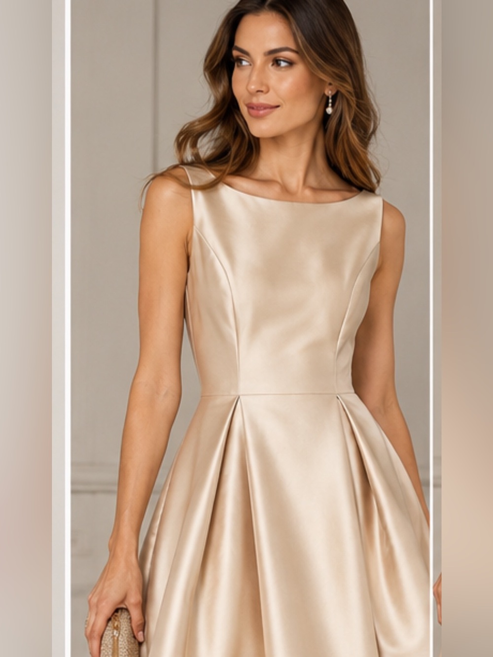Elegant Sleeveless Champagne Satin Fit-and-Flare Dress